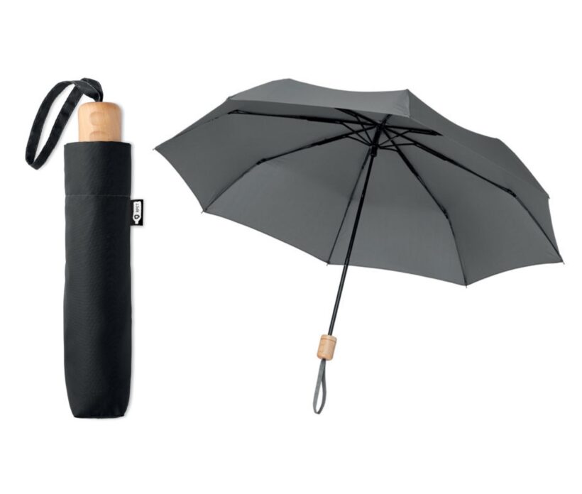 Saltash Foldable 21 inch umbrellas, 3 sections with 190T RPET pongee fabric, black plated frame and ribs with wooden handle. Manual open and closure. Self material pouch Product Code GPMO9604-07