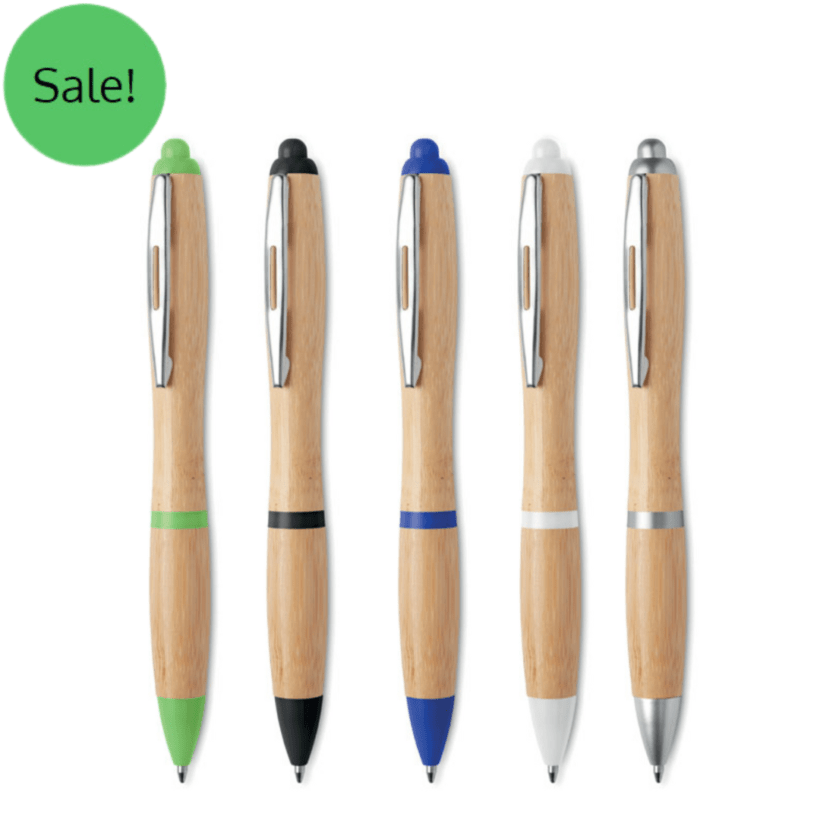 Porthcurno Push button ball pens with bamboo barrel and ABS fittings. Blue ink Product Code GPMO9485-48