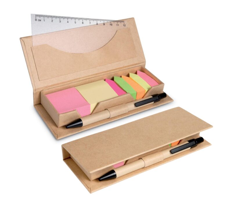 Pendower Cardboard box dispenser containing 2 coloured sticky notes and 5 colourful page markers. The item includes also a transparent 12cm PP ruler and a ball pen with cardboard barrel with blue ink Product Code GPMO7756-13