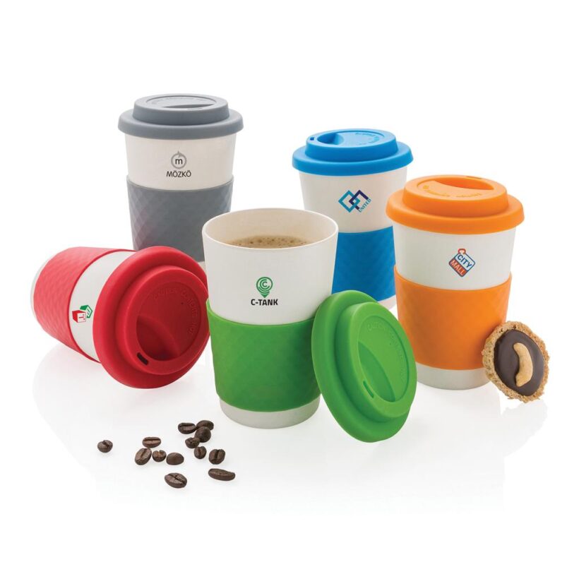 Helhor organic bamboo mugs with silicon lid and grip GP432.557
