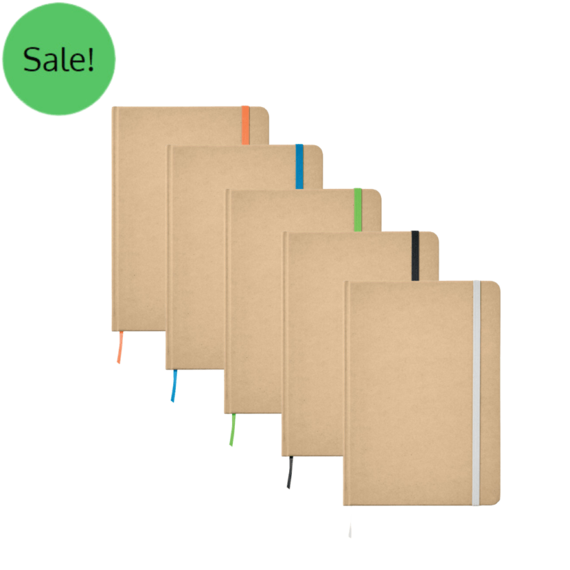 Porthhallow A5 Notebooks in recycled material with matching colourful ribbon and elastic band. 160 lined pages Product Code GP MO9684-04
